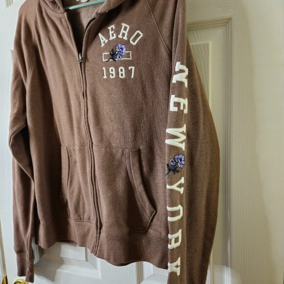 Aero 1987 Hoodie Womens Sz XL New York Flower Full Zip Pockets Taupe Fleece Line - Picture 3 of 7